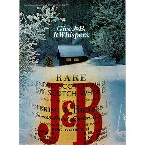 1981 J&B Scotch Winter Christmas Tree Lights Cabin Vintage Print Ad Wall Art